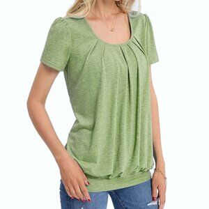 DJT FASHION (M) Bright Green Heathered Pleated Tee Scoop Blouson Top Herbal Moss